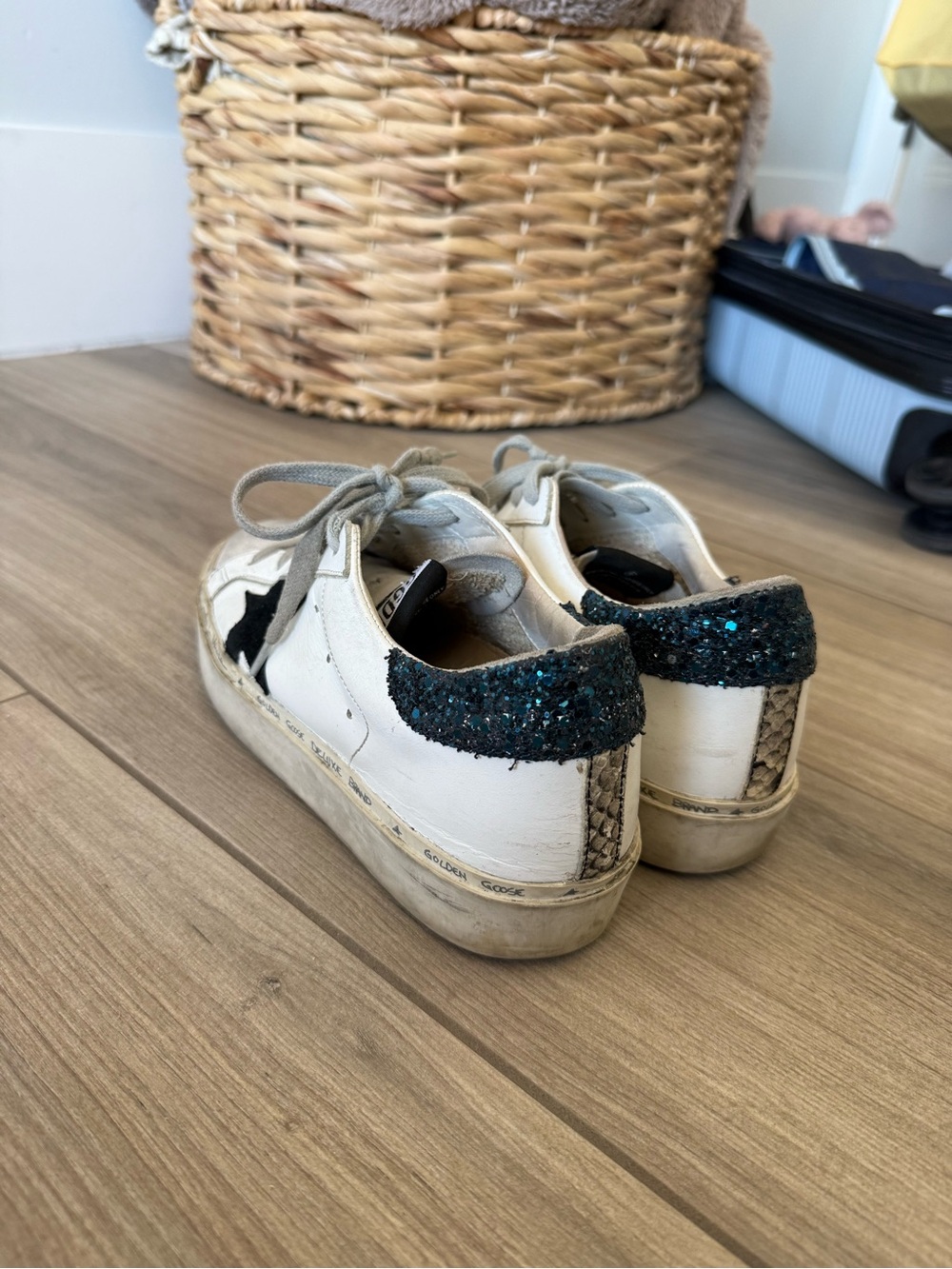Golden Goose White Sneakers with Black Star and Teal Glitter Heel - Picture 4 of 5
